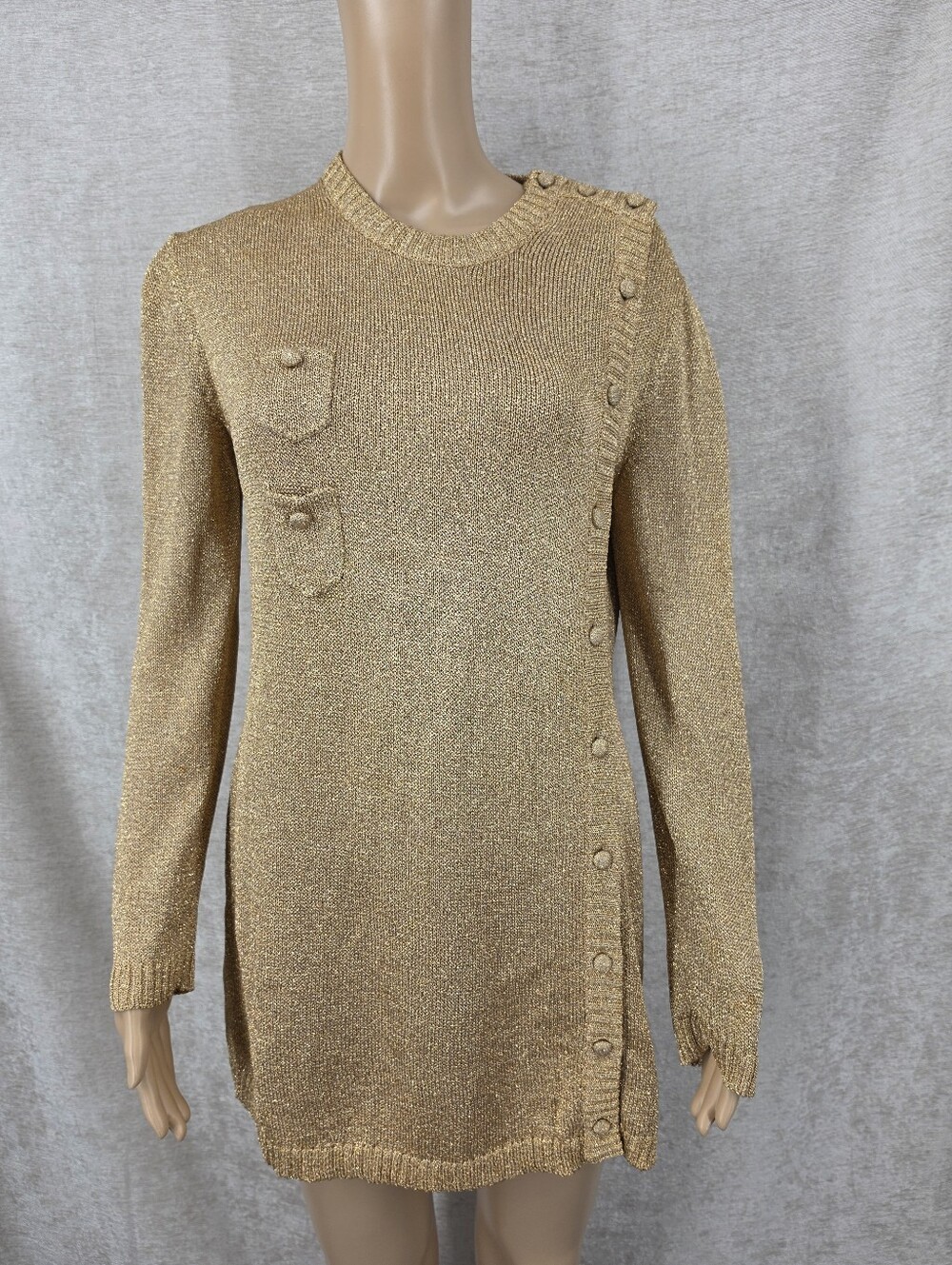 Jeri Jo 70s Metallic Gold Lurex Longline Tunic Sweater Button Up Disco Evening